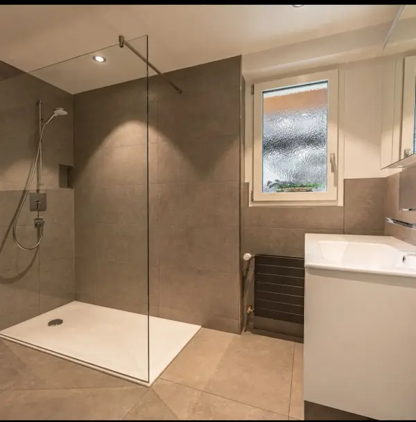 Dusche mit Glaswand und dunkler Rückwand