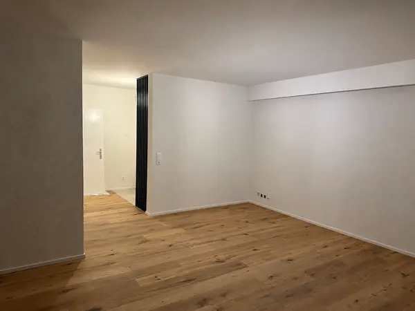 Renovierter Wohnraum mit Holzboden und Deckenspots